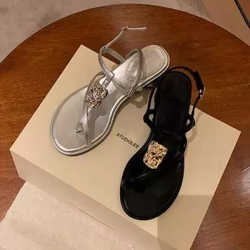 Сандалии женские с тонким ремешком и металлической пряжкой на толстом каблуке, новинка лета 2024 года 35 чёрный