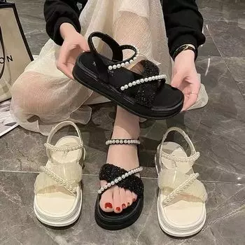 Сандалии женские Стразы Женская обувь на танкетке с платформой Водонепроницаемая Лето 2024 Обувь на среднем каблуке Diamond Beige Lace 35
