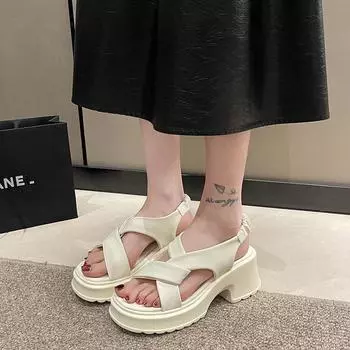 Сандалии женские толстые летние 2024 года с круглым носком и средним каблуком женские туфли на толстом каблуке бежевые блочные на каждый день 35