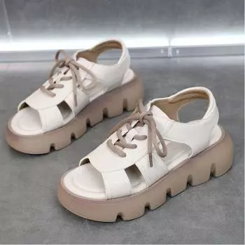 Сандалии женские верхняя одежда 2025 новые летние на толстой подошве нескользящие модные кексы мягкая подошва средний каблук повседневные римские сандалии женские 35 коричневый