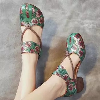 Сандалии женские верхняя одежда этнические летние женские туфли свиная кожа тисненый грубый каблук мягкая подошва кожаные туфли 35 красный