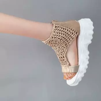 Сандалии женские вязаные шерстяные 2025 новые полиуретановые женские сандалии на платформе с рыбьим ртом повседневные студенческие сандалии 35 чёрный