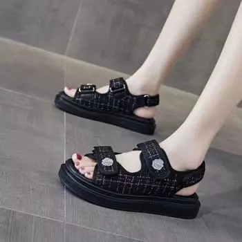 Сандалии женские Xiaoxiangfeng 2024 года, новые летние сандалии на платформе, кроссовки на липучках, для спорта и отдыха, пляжные римские сандалии 35 чёрный