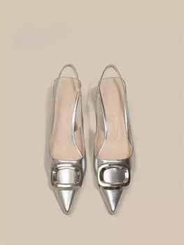 Сандалии женские закрытые лето 2024 с низким каблуком женская обувь серебристая обувь с острым носком вечеринка и свадьба на открытом воздухе Корея F 35 бежевый