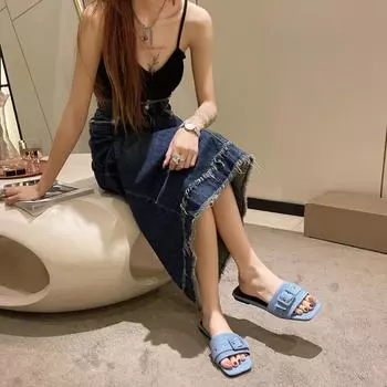 Sandals Elegant Square Toe Slippers Open Toe Slides Summer Shoes Square Buckle Luxury Female Flat Stripper Exotic Dance Wear 36 бежевый