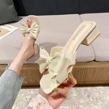 Sandals fairy bow 2025 summer new high heels casual square head wear thick heel cool slippers 3899-8 35 хаки