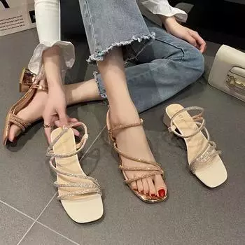 Sandals fairy fairy wind 2025 new rhinestone word with thick heel Roman high heels Internet celebrity two wear summer women s shoes 35
