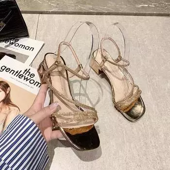 Sandals fairy fairy wind thick heel 2025 new summer word with sexy open-toed temperament fashion rhinestone high heels 35
