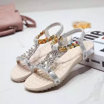 Sandals fairy wind 2025 summer new flat bottom rhinestone pearl ins tide bohemian beach sandals girl 35