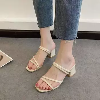 Sandals female versatile fairy style summer 2025 new outer wear ins trendy fashion middle heel two wear thick heel slippers 35