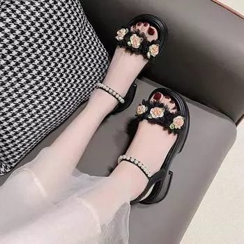 Sandals For Woman Beach Square Heels Pearl Summer 2024 Women s Shoes Roman Style Footwear Luxury Chic Elegant And Low Price Vip 35