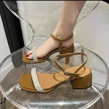 Sandals for Woman Diamond Women s Shoes with Medium Heels Black Block Heel Footwear Chunky Thick Rhinestones Summer 2024 Comfort 35