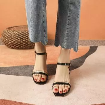 Sandals for Woman One Word Summer 2024 with Low Heels Footwear Black Women s Shoes Clear Office Work Transparent Square Daily F 35