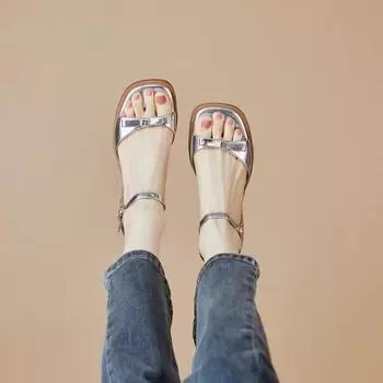 Сандалии для женщин Лето 2024 Новые римские сандалии в стиле ретро на низком каблуке Модные квадратные сандалии с открытым носком Элегантные женские сандалии с бантом 35 серебряный