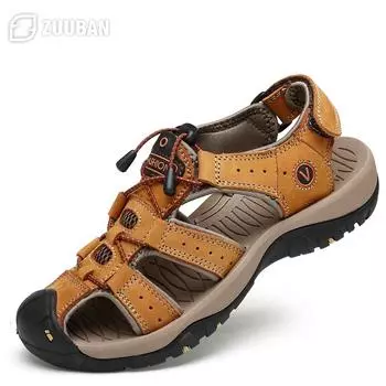Sandals Genuine Leather Men Shoes Casual 2024 Summer Beach Comfortable Sandal Outdoor Big Size Male Sandalias Hiking Chaussure 38 зелёный