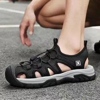 Sandals Men s 2024 Summer Breathable Hollow Baotou Beach Shoes Men s Outdoor Sports Non-slip Soft Sole Wading Hiking Shoes 38 чёрный