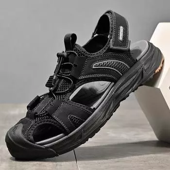 Sandals men s 2024 summer breathable leather cool slippers hollow travel shoes outdoor sports and leisure bag head beach shoes 38