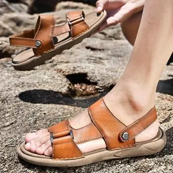 Sandals men s 2025 summer new cowhide casual outer wear beach shoes leather driving shoes platform non-slip Shoes 38