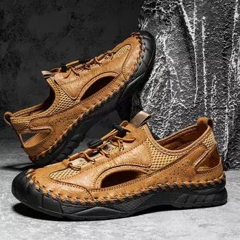 Sandals men s 2025 summer new leather mesh breathable hole shoes men s driving bag head outdoor rest Shoes 38