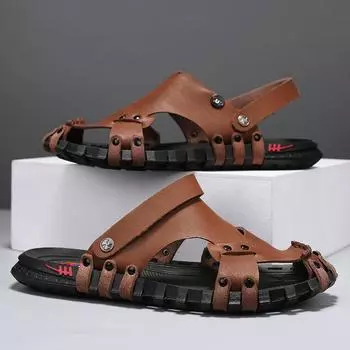 Sandals men s 2025 summer new non-slip outer wear casual slippers sandals dual-purpose beach shoes trendy men s leather Shoes 38