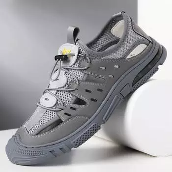 Сандалии мужские кожаные повседневные сетчатые туфли 22 года сумка для головы дышащая пляжная обувь для походов на открытом воздухе обувь для мужчин 38 серый