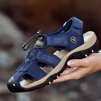 Sandals men s leather shoes 2025 large size summer casual shoes Korean version trendy versatile soft sole men s bag head beach shoes 38 синий