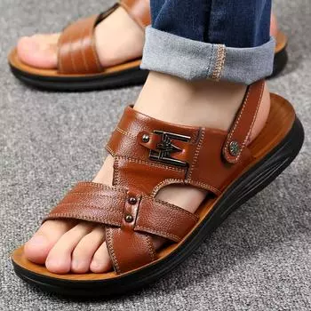 Sandals men s summer 2025 leather casual beach shoes men s outer wear middle-aged and elderly dual-purpose slippers men s non-slip 38
