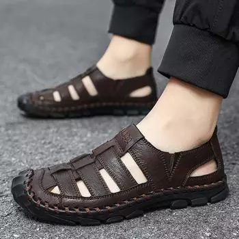 Sandals Men s Summer Baotou Leather Outside Wear Driving Men s Soft Bottom Non-slip Wading Hollow Hole Sports Shoes 38
