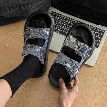 Sandals men s summer new flat-bottomed fashion casual denim double-breasted one-pedal cool slippers men s outer slippers 39