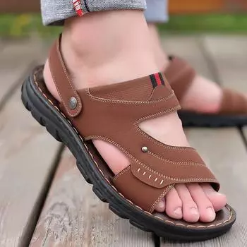 Sandals men s summer soft leather casual beach shoes men s non-slip and wear-resistant father s dual-purpose cool slippers men 38 чёрный