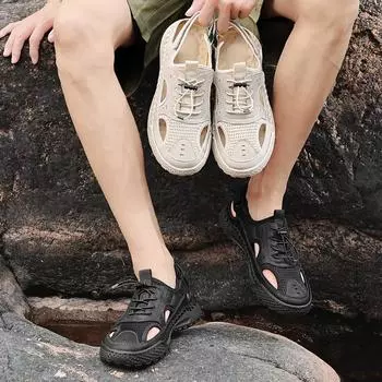 Sandals Men s Tide Summer Toe Cap Outdoor Leisure Sports Hollow Sandals Beach Shoes Handmade Mesh Men Shoes 46 чёрный