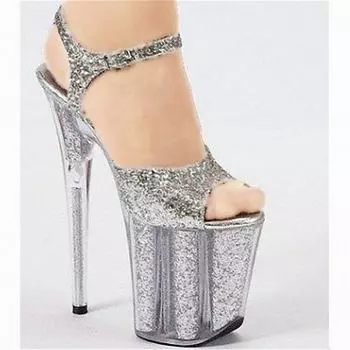 Sandals new silver transparent waterproof table high heels one-word buckle with high heels sandals women s thin heel open toe 20cm 34 белый
