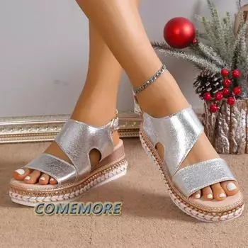Sandals Platform Shoes for Women 2024 Summer New Peep Toe Wedge Women s Silver Luxury Outdoor Hemp Light Casual Ladies Sandal PU 37 золотой