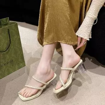 Sandals Premium 2025 Open Toe New Small Fragrant Wind Crystal Cool Slippers Women s Thick Heel Transparent Fashion and Summer 35 бежевый