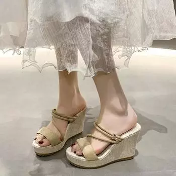 Sandals Sexy Fashion Thick Bottom Open Toe Buckle Strap Black High Heels Woman Shoes Summer 2024 35-42 Large Size 35 бежевый