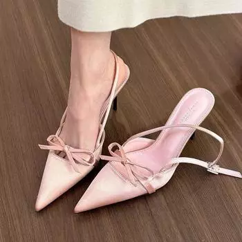 Sandals silver pink summer new bow high heels middle heel single shoes French beautiful with women s word temperament 35 серебряный