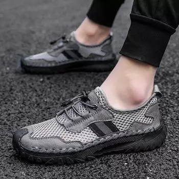 Sandals Summer Breathable Mesh Slip-on Beach Shoes Driving Non-Slip Leather plus Size Sports Hollowed Toe Box Men s Shoes 38 серый