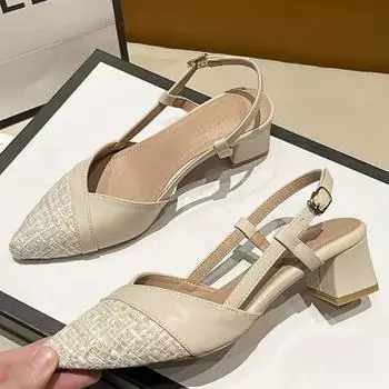 Босоножки Летние Женские Классические Массивный каблук 6 см Модные Девушки Жемчужные Туфли Задний ремешок на щиколотке Высокие каблуки Женская обувь 35