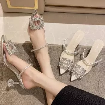 Sandals Summer Women Classics Thin Heels Fashion rhinestone Pumps Posterior trip band Women Shoes 35