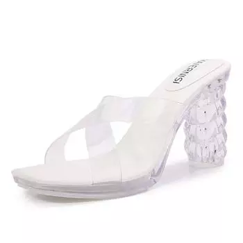 Sandals thick heel cross strap sandals model catwalk small transparent crystal pole dance large size women s shoes 35