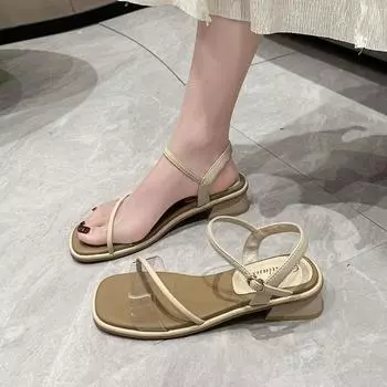 Sandals women 2025 new low-heeled thick-heeled square-heeled French leaky toe word with gentle wind fairy high-heeled Roman shoes 34