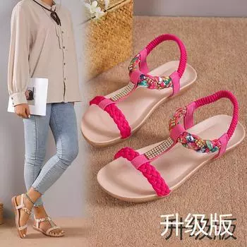 Sandals women s 2024 summer bohemian rhinestone flat heel soft sole fish mouth shoes foreign trade large size women s shoes spot 36