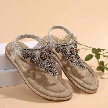 Sandals women s bohemian spring new large size flat sandals flower rhinestone sandals toe wear beach shoes 36