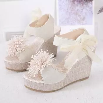 Сандалии женские с цветочным узором и бантом на платформе с танкеткой Эспадрильи на платформе с бантом на высоком каблуке женские тапочки Туфли 35