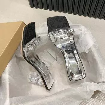 Sandals women s rhinestone thick heel summer new fashion word belt country square head high heels celebrity tide with cool slippers 34