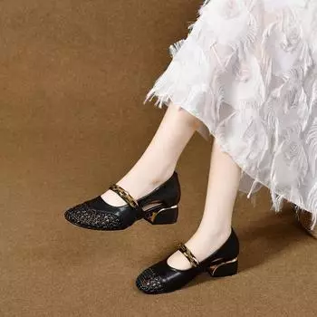 Sandals women s summer new idyllic woven one-word belt women s shoes hollow mesh shoes one pedal low-heeled sandals 34