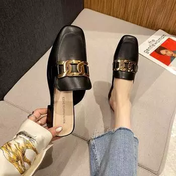 Sandals women s summer new slippers bag head fashion Korean version thick heel square head empty lazy shoes 309-3 35 чёрный