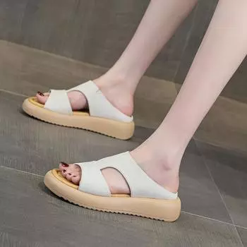 Sandals women s summer new thick-soled heightening half slippers comfortable and versatile leisure sports 35 бежевый