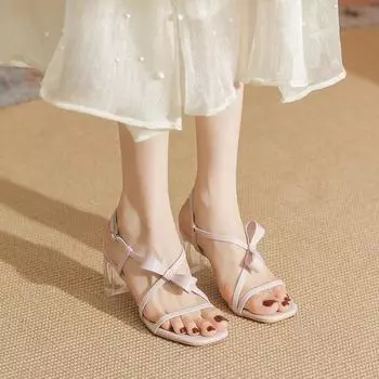 Sandals women s summer new transparent crystal heel bow Roman outer thick heel 34 белый