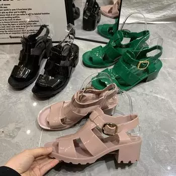 Sandals women s summer Roman fish mouth women s thick heel high heels, buckle platform European and American medium heel women s sandals 36 розовый